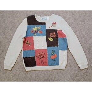 Alfred Dunner Fall Theme Sweater Embroidered Pumpkins Apples Leaves Women’s PM